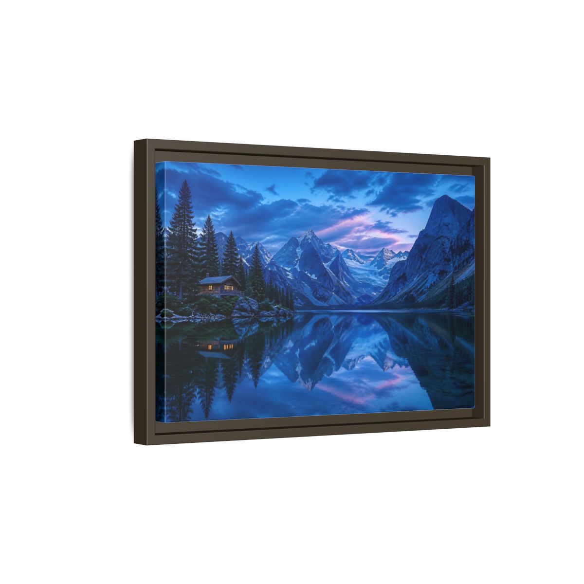 Side Mockup 5. Alpine Lake Cabin At Dusk shown as framed canvas print