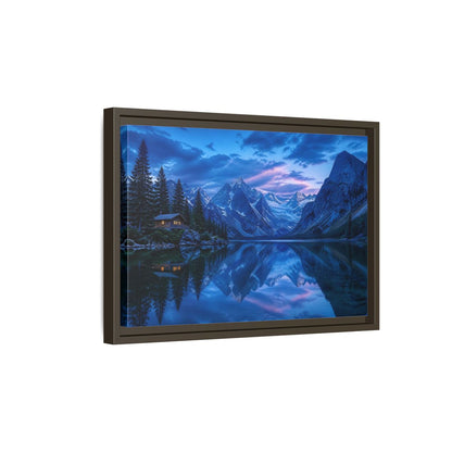 Side Mockup 5. Alpine Lake Cabin At Dusk shown as framed canvas print