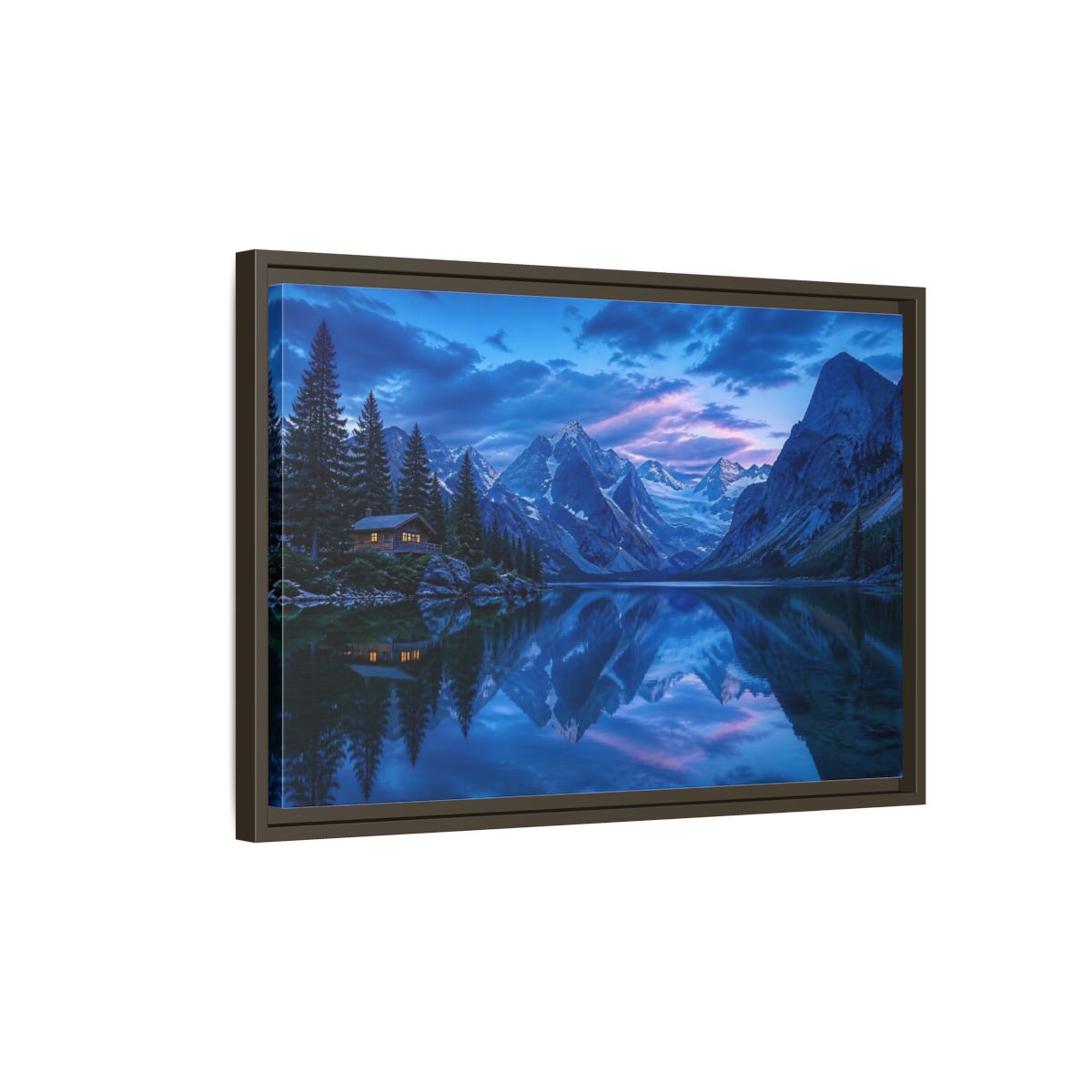 Side Mockup 2. Alpine Lake Cabin At Dusk shown as framed canvas print