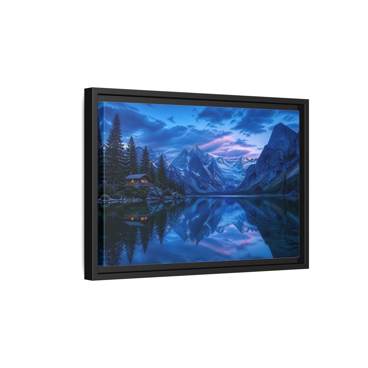 Side Mockup 6. Alpine Lake Cabin At Dusk shown as framed canvas print