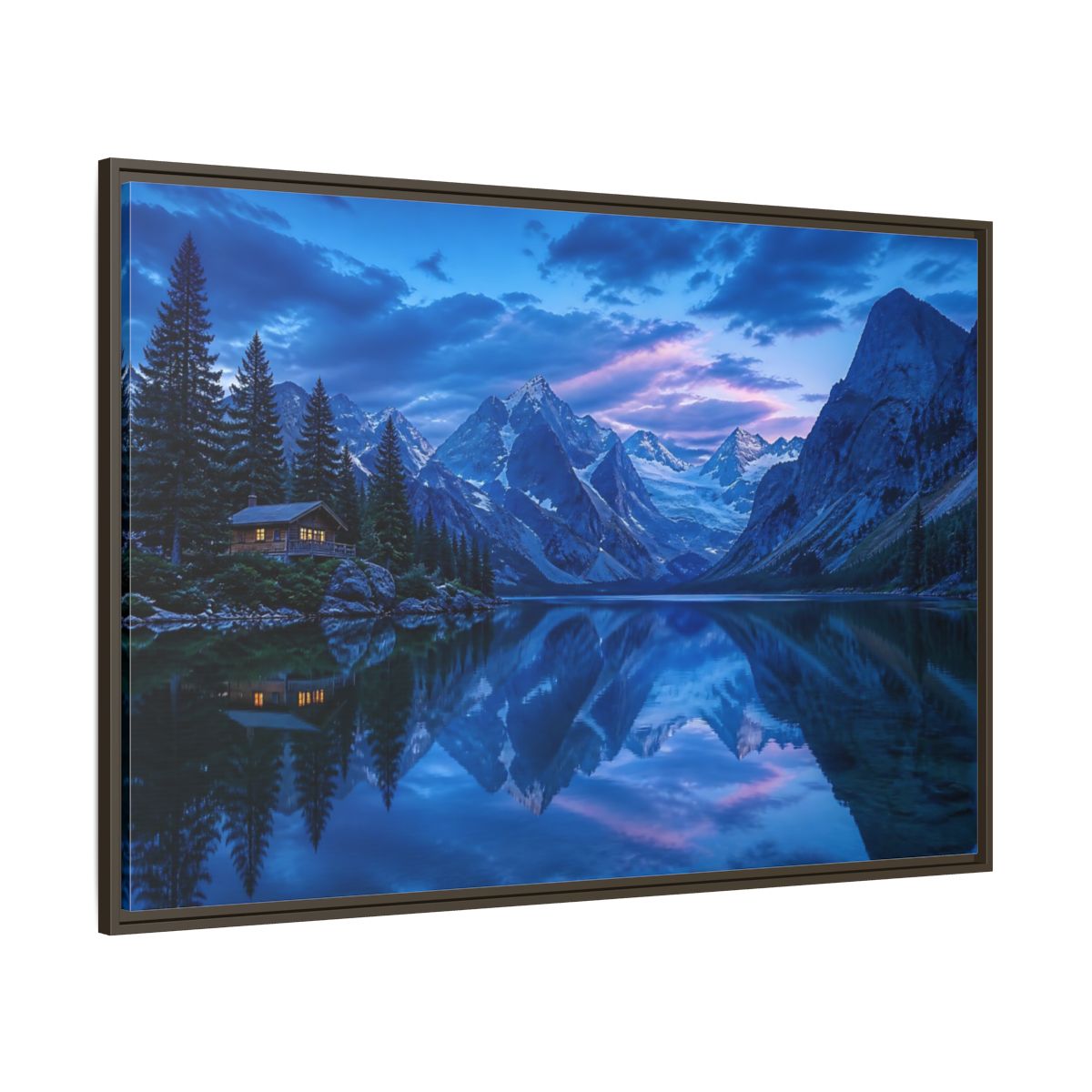 Side Mockup 8. Alpine Lake Cabin At Dusk shown as framed canvas print