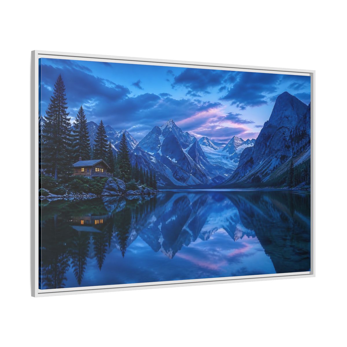 Side Mockup 7. Alpine Lake Cabin At Dusk shown as framed canvas print