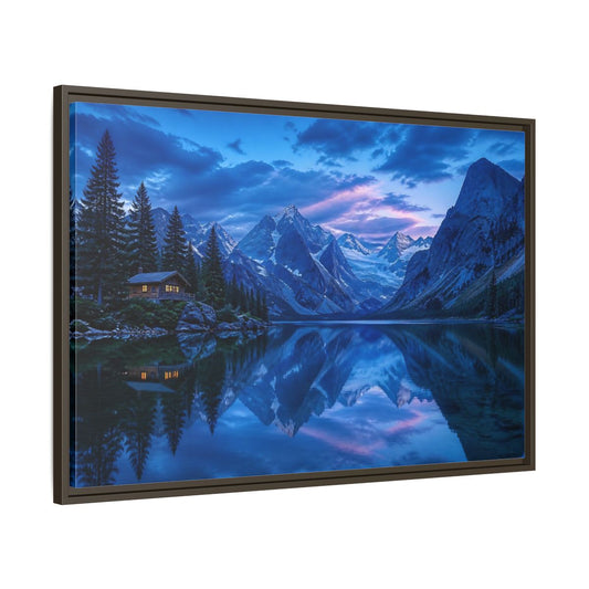 Main Mockup. Alpine Lake Cabin At Dusk shown as framed canvas print