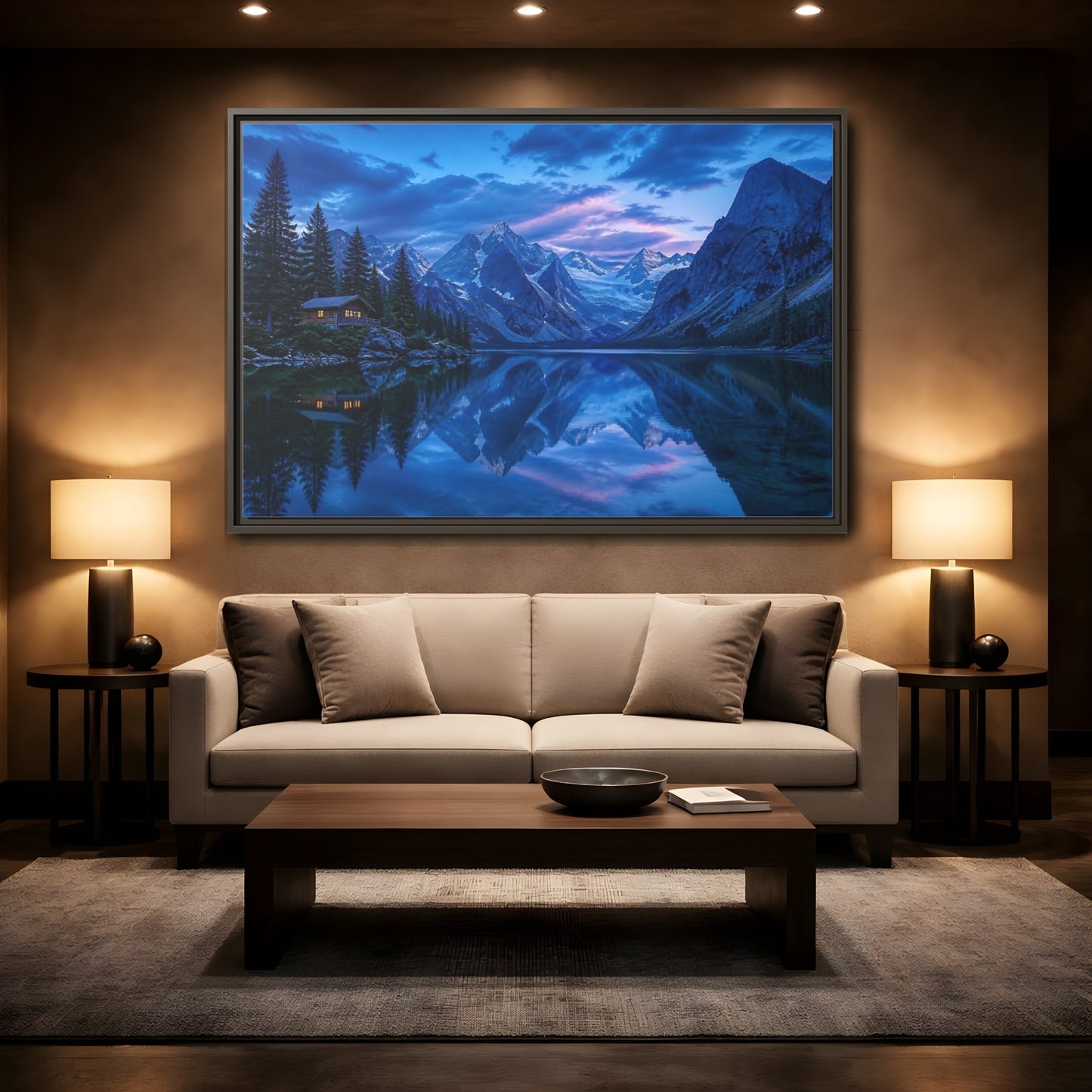 Mockup 2. Alpine Lake Cabin At Dusk shown as framed canvas print