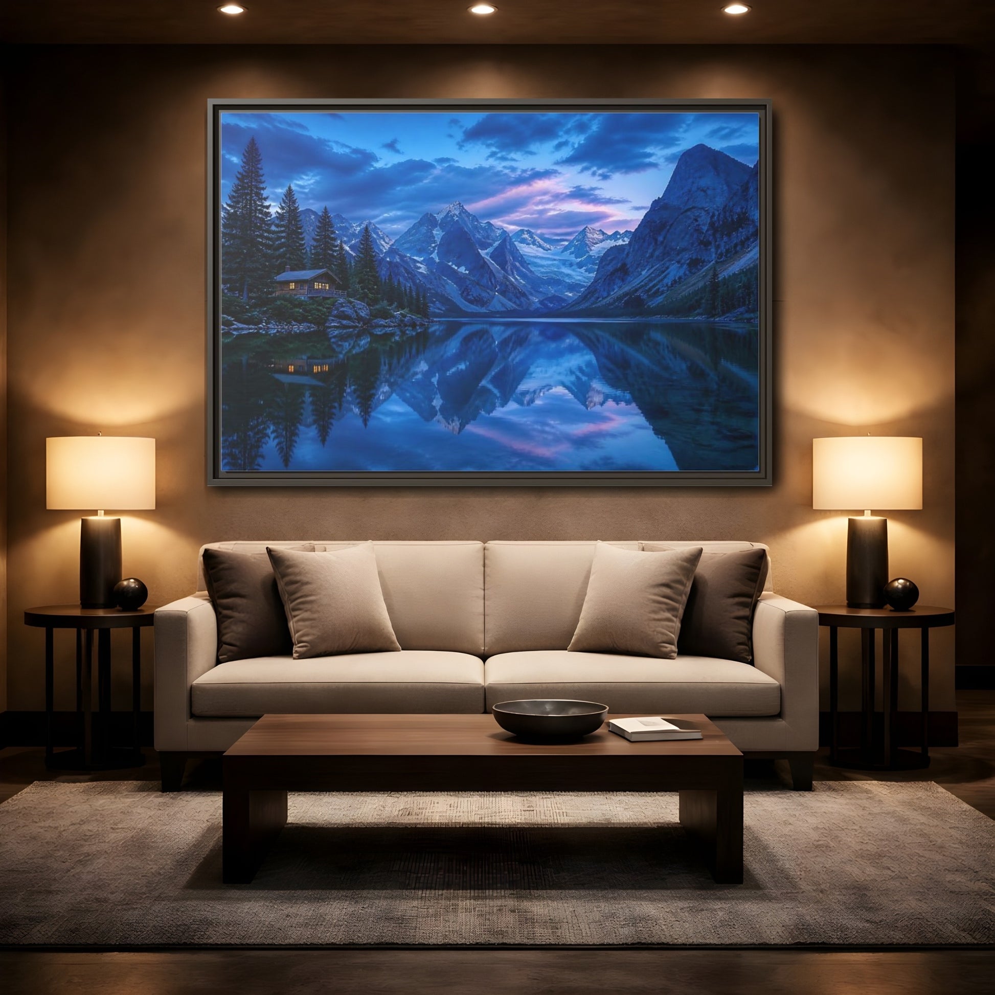 Mockup 2. Alpine Lake Cabin At Dusk shown as framed canvas print