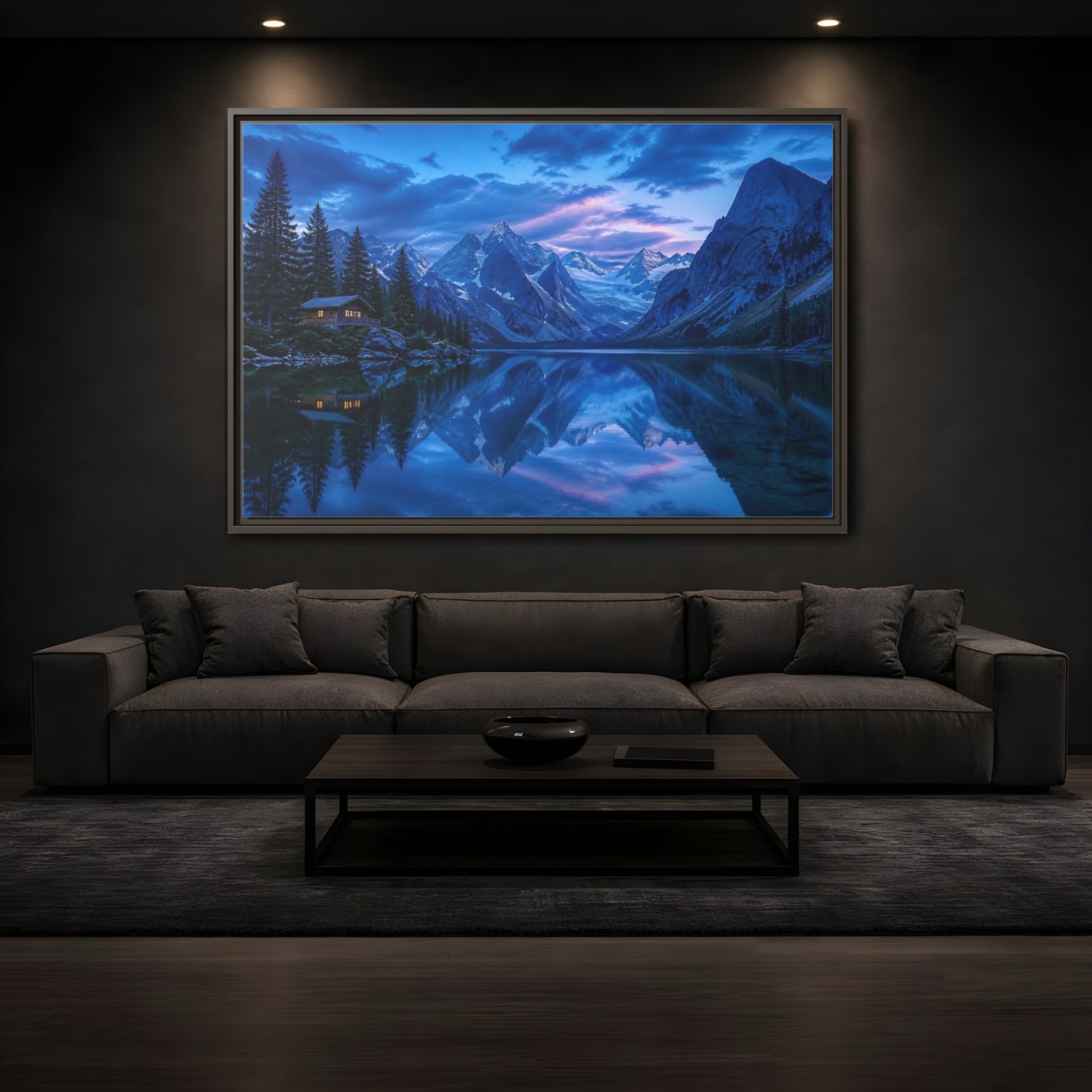 Mockup 3. Alpine Lake Cabin At Dusk shown as framed canvas print