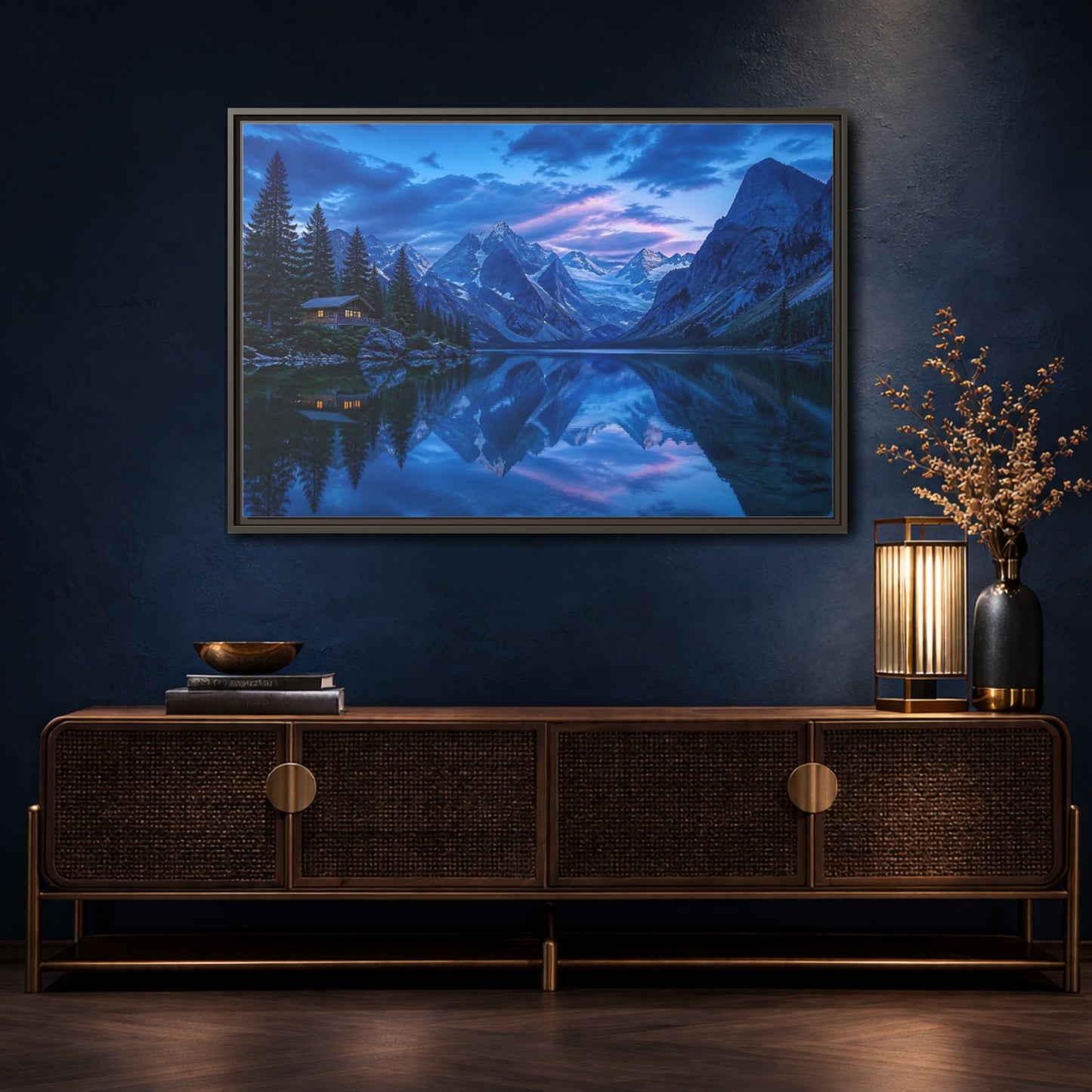 Mockup 4. Alpine Lake Cabin At Dusk shown as framed canvas print