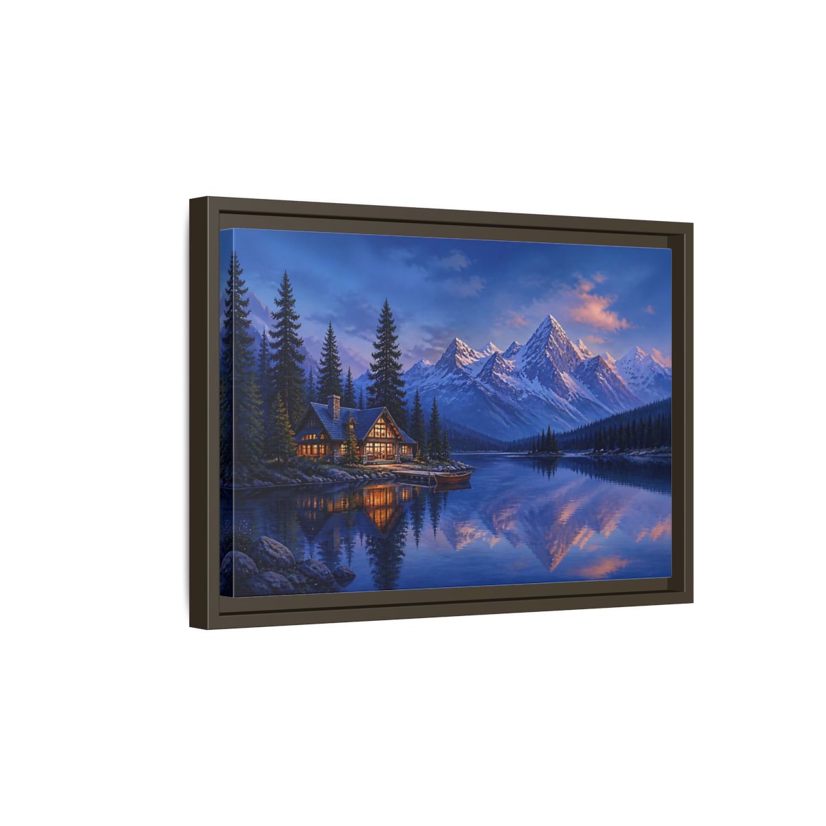 Side Mockup 5. Alpine Lakeside Evening Retreat shown as framed canvas print