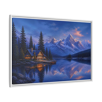 Side Mockup 9. Alpine Lakeside Evening Retreat shown as framed canvas print