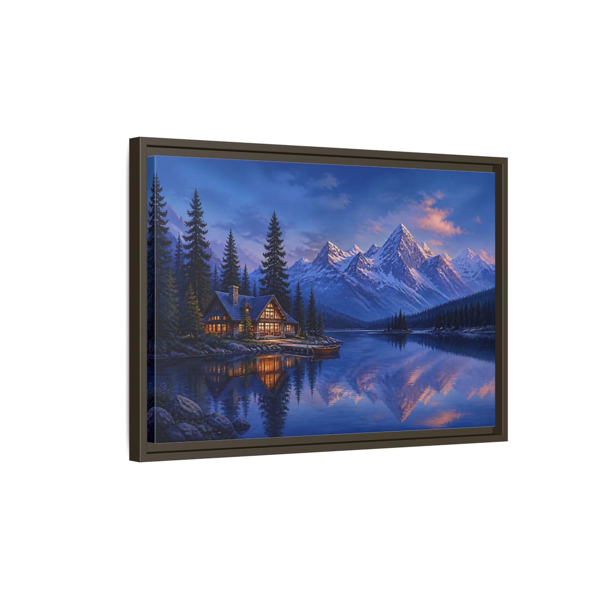 Side Mockup 2. Alpine Lakeside Evening Retreat shown as framed canvas print