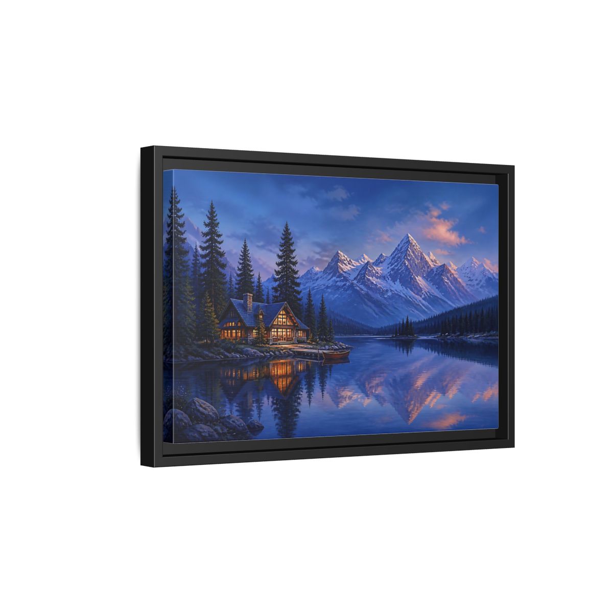 Side Mockup 6. Alpine Lakeside Evening Retreat shown as framed canvas print