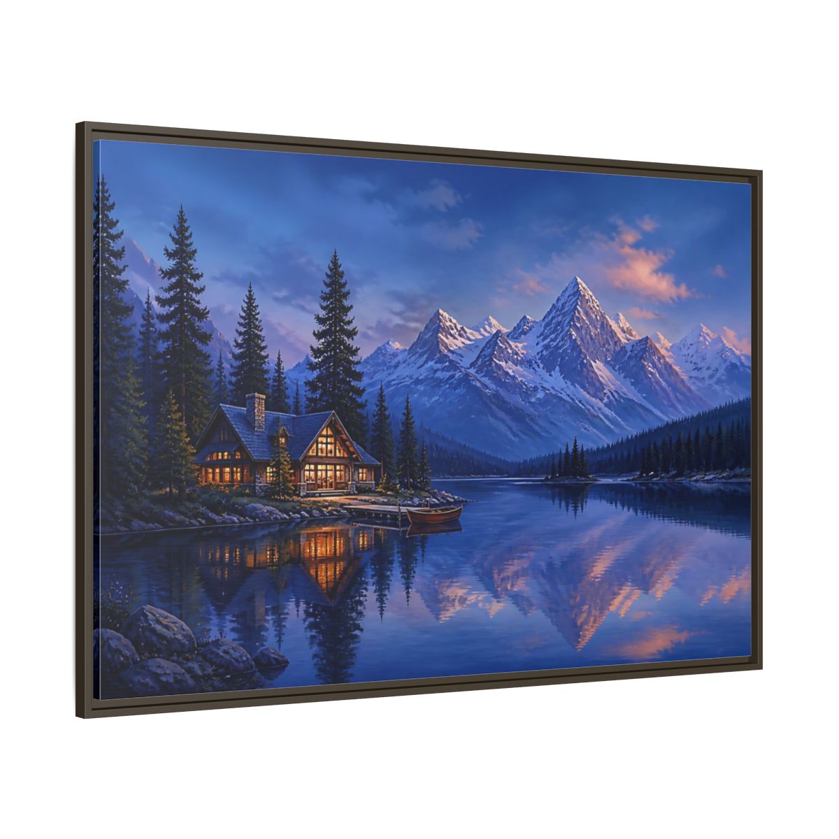 Side Mockup 8. Alpine Lakeside Evening Retreat shown as framed canvas print