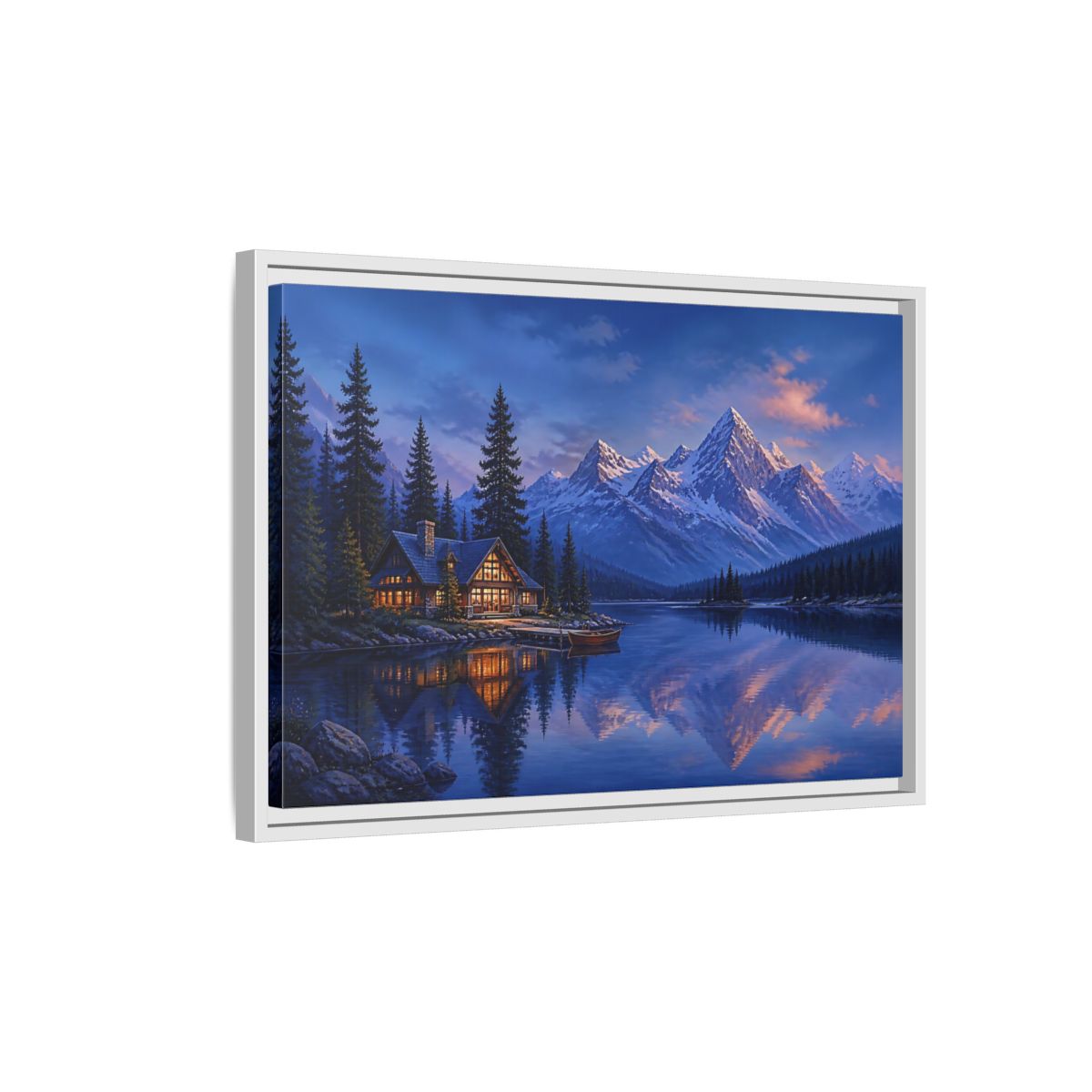 Side Mockup 1. Alpine Lakeside Evening Retreat shown as framed canvas print