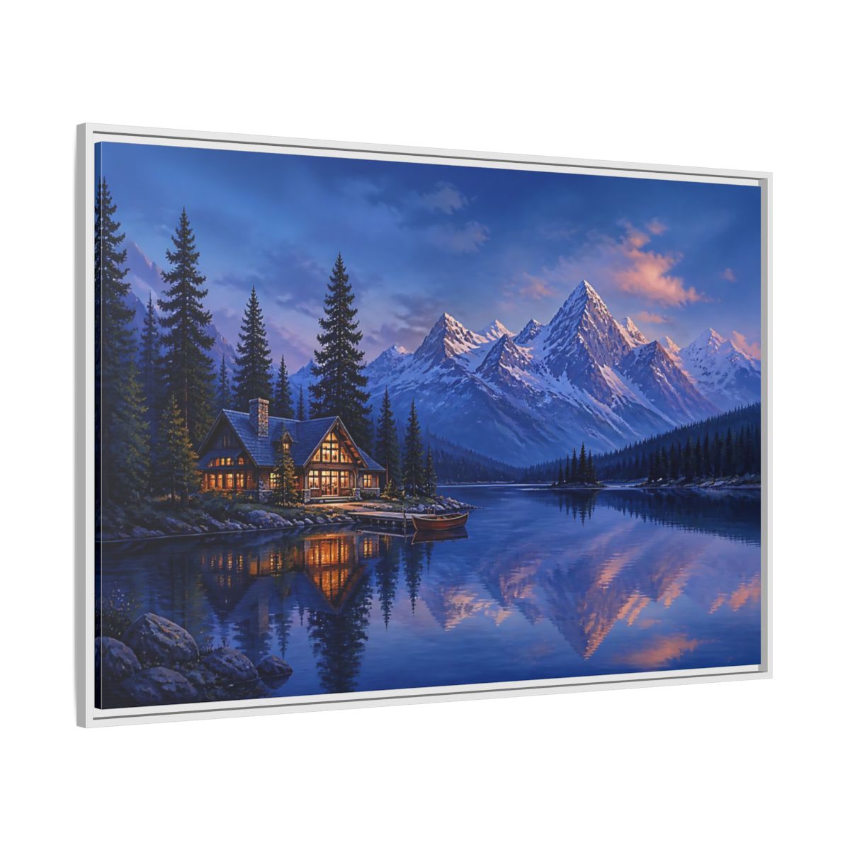 Side Mockup 7. Alpine Lakeside Evening Retreat shown as framed canvas print