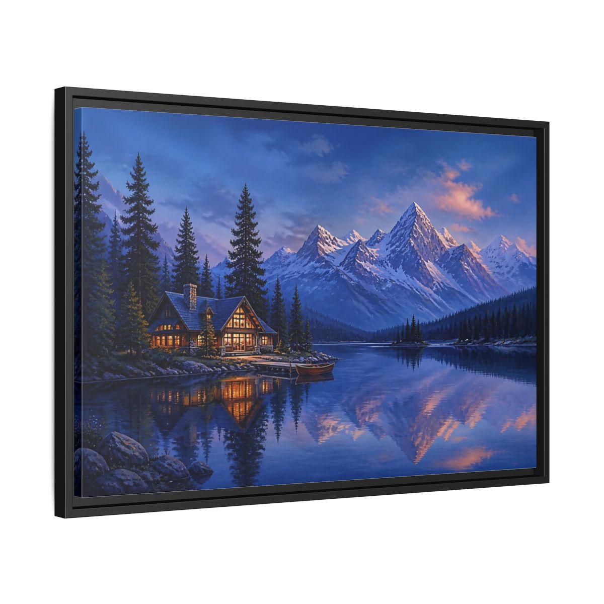 Side Mockup 14. Alpine Lakeside Evening Retreat shown as framed canvas print