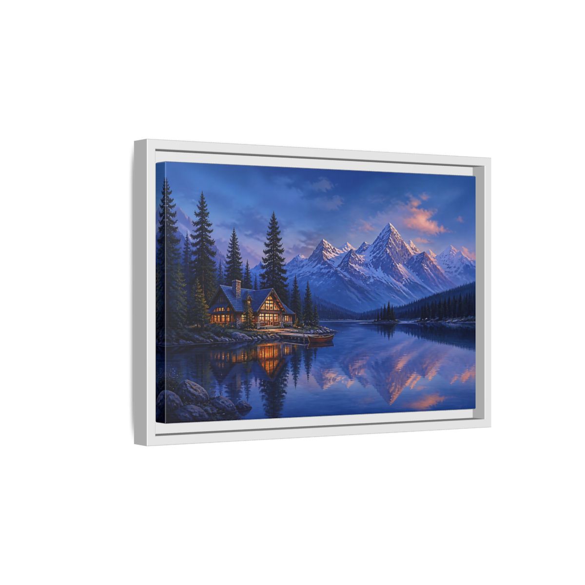 Side Mockup 4. Alpine Lakeside Evening Retreat shown as framed canvas print