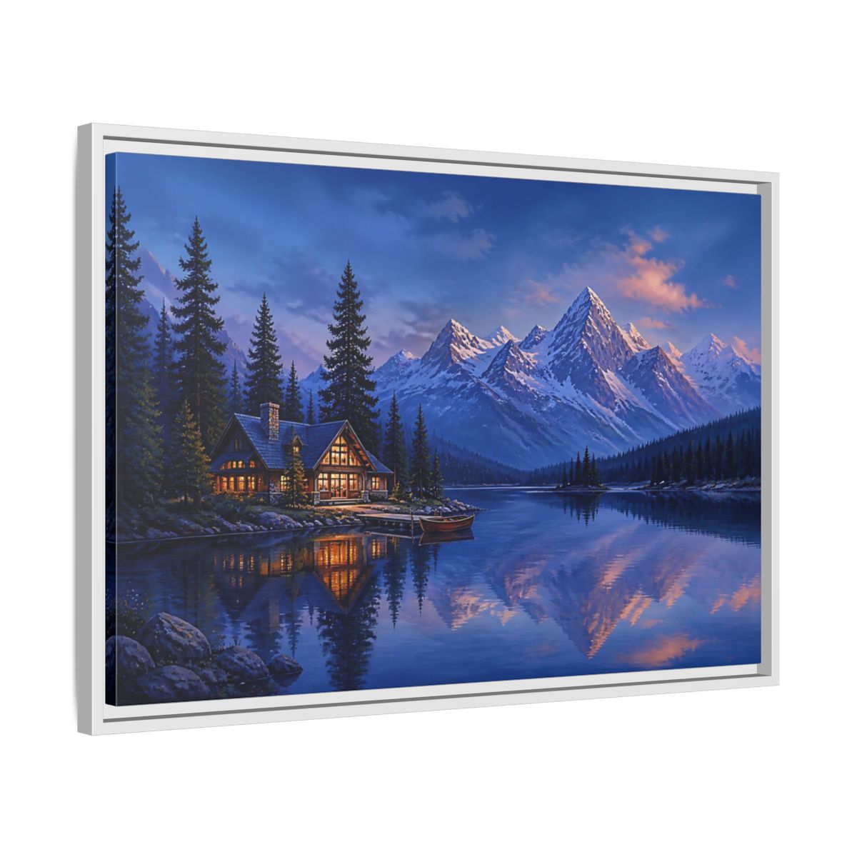 Side Mockup 10. Alpine Lakeside Evening Retreat shown as framed canvas print
