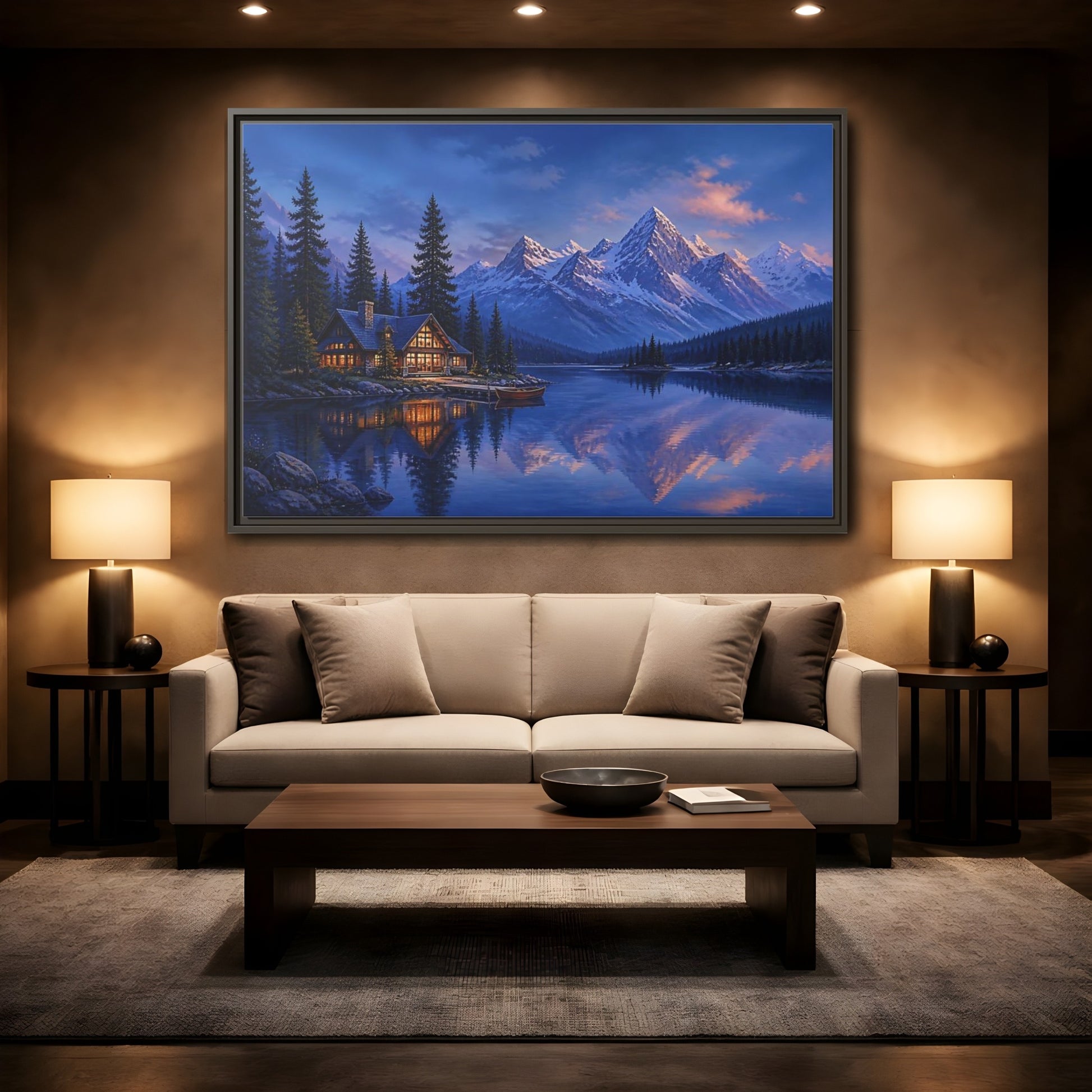 Mockup 2. Alpine Lakeside Evening Retreat shown as framed canvas print