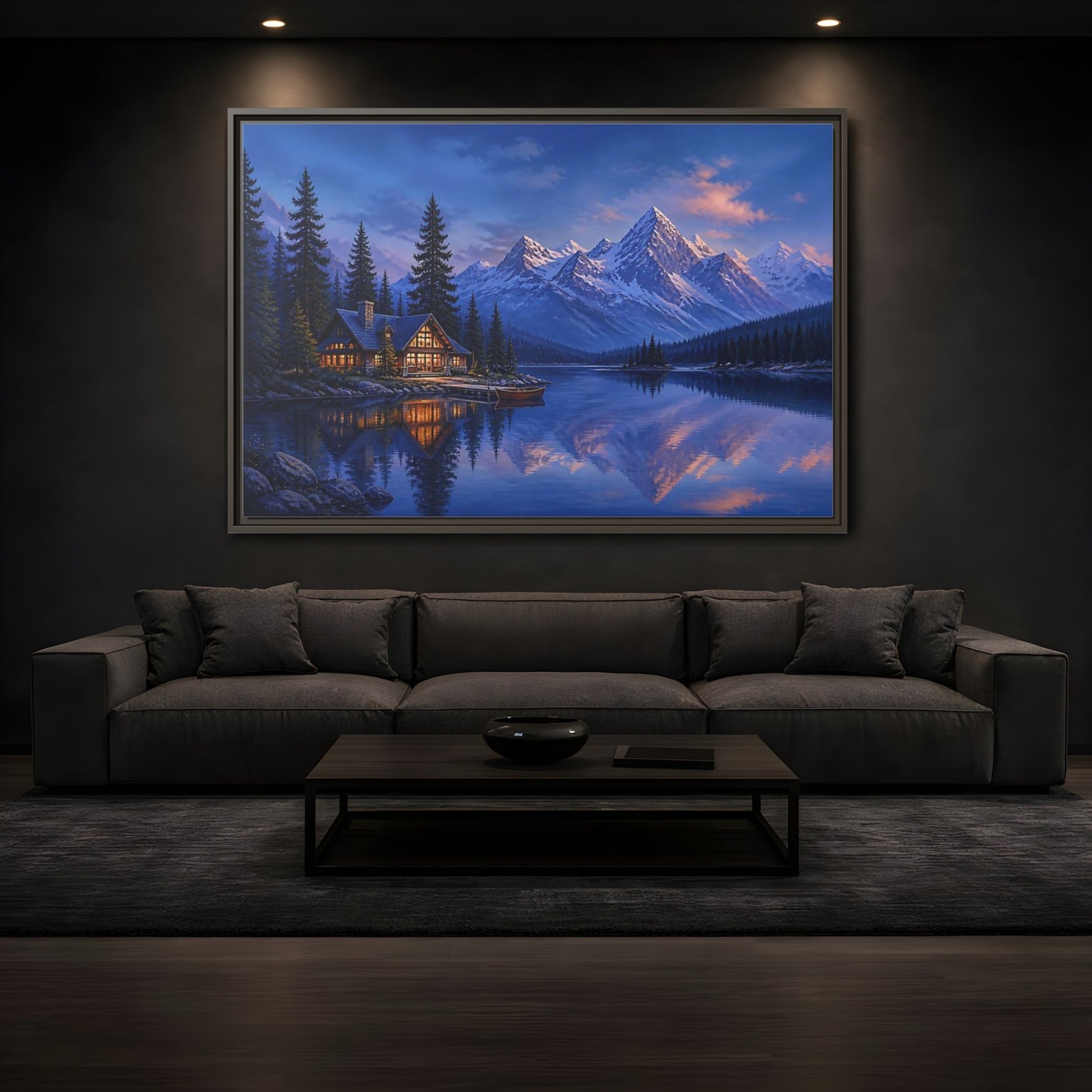 Mockup 3. Alpine Lakeside Evening Retreat shown as framed canvas print