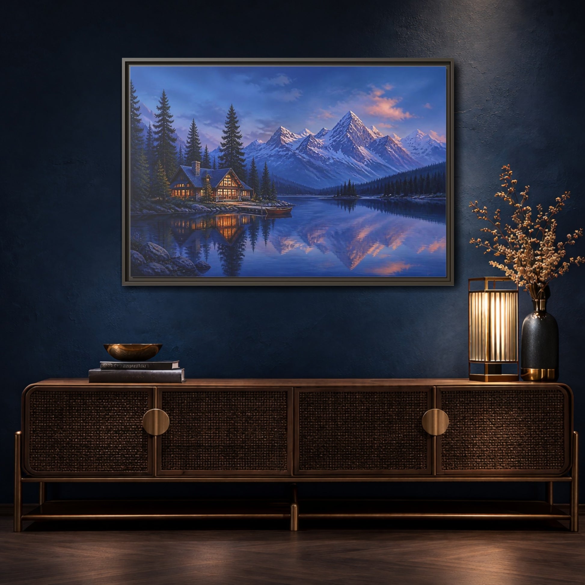 Mockup 4. Alpine Lakeside Evening Retreat shown as framed canvas print