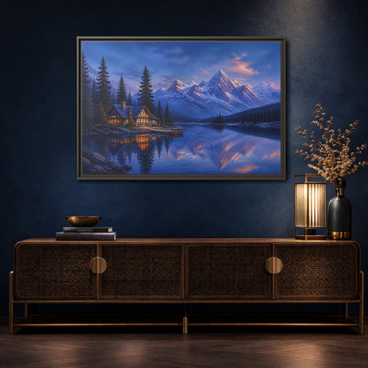 Mockup 4. Alpine Lakeside Evening Retreat shown as framed canvas print