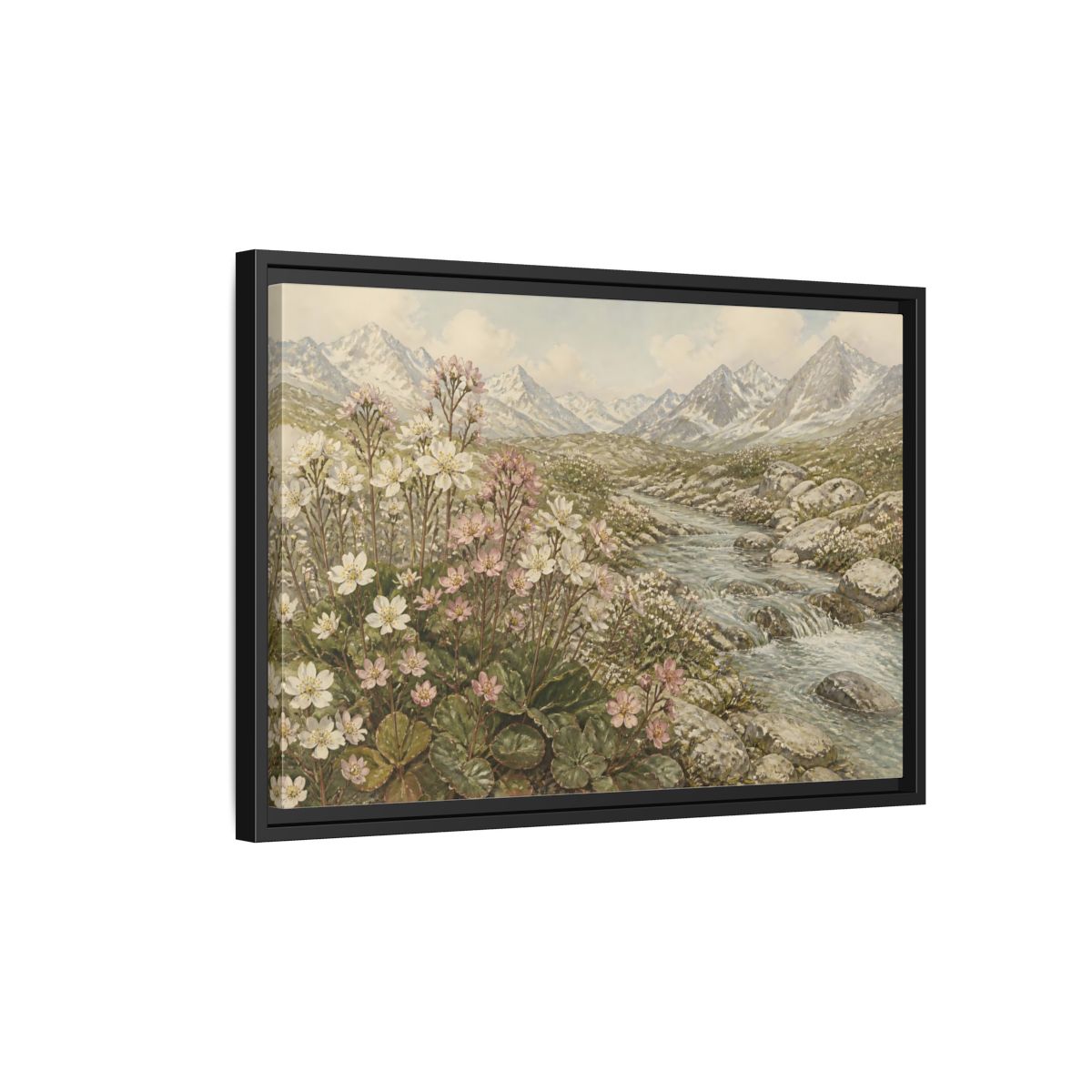 Side Mockup 3. Alpine Meadow Stream shown as framed canvas print