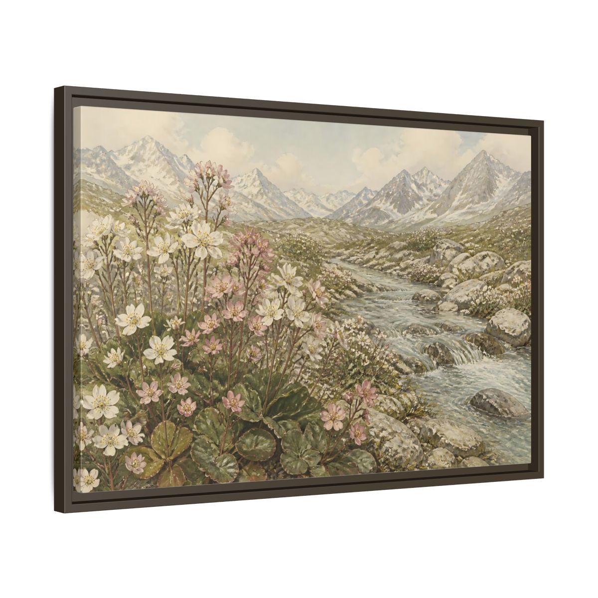 Side Mockup 11. Alpine Meadow Stream shown as framed canvas print