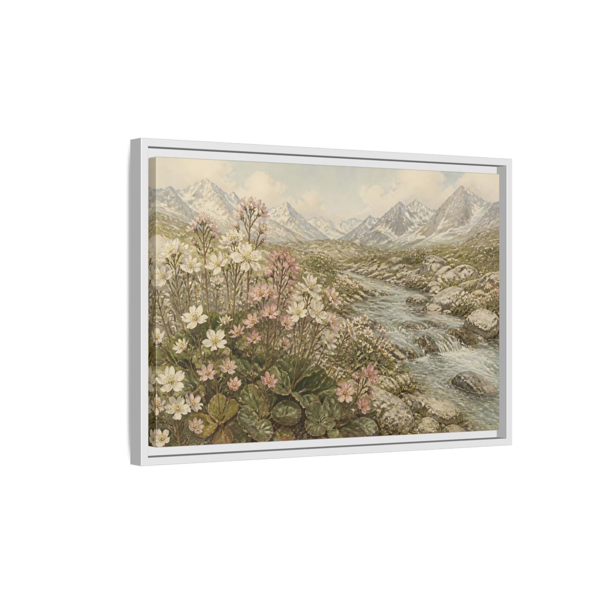 Side Mockup 1. Alpine Meadow Stream shown as framed canvas print