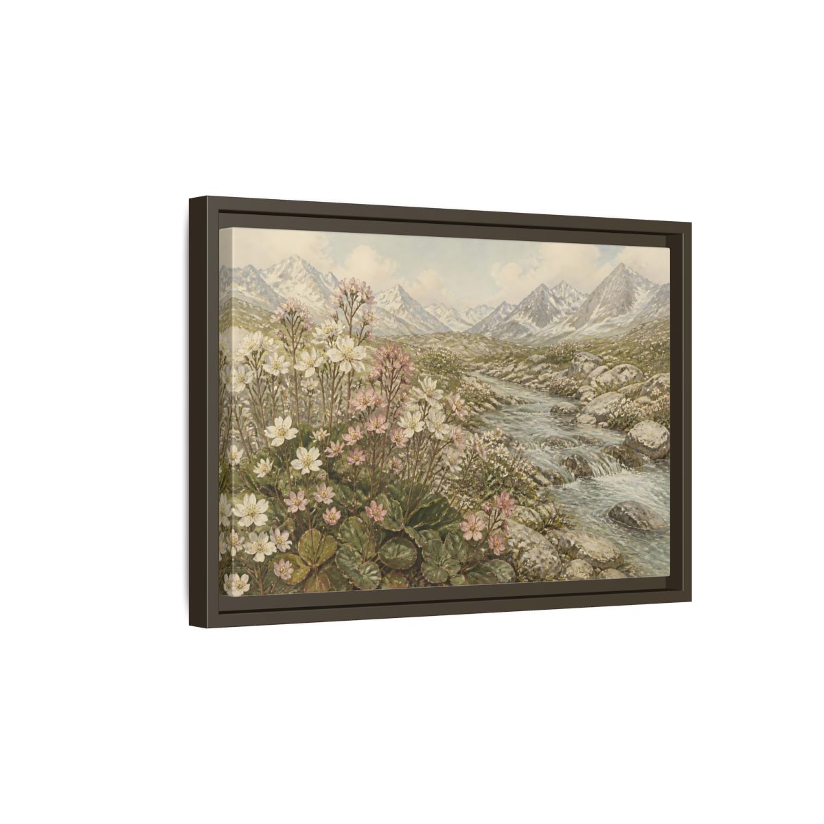 Side Mockup 5. Alpine Meadow Stream shown as framed canvas print