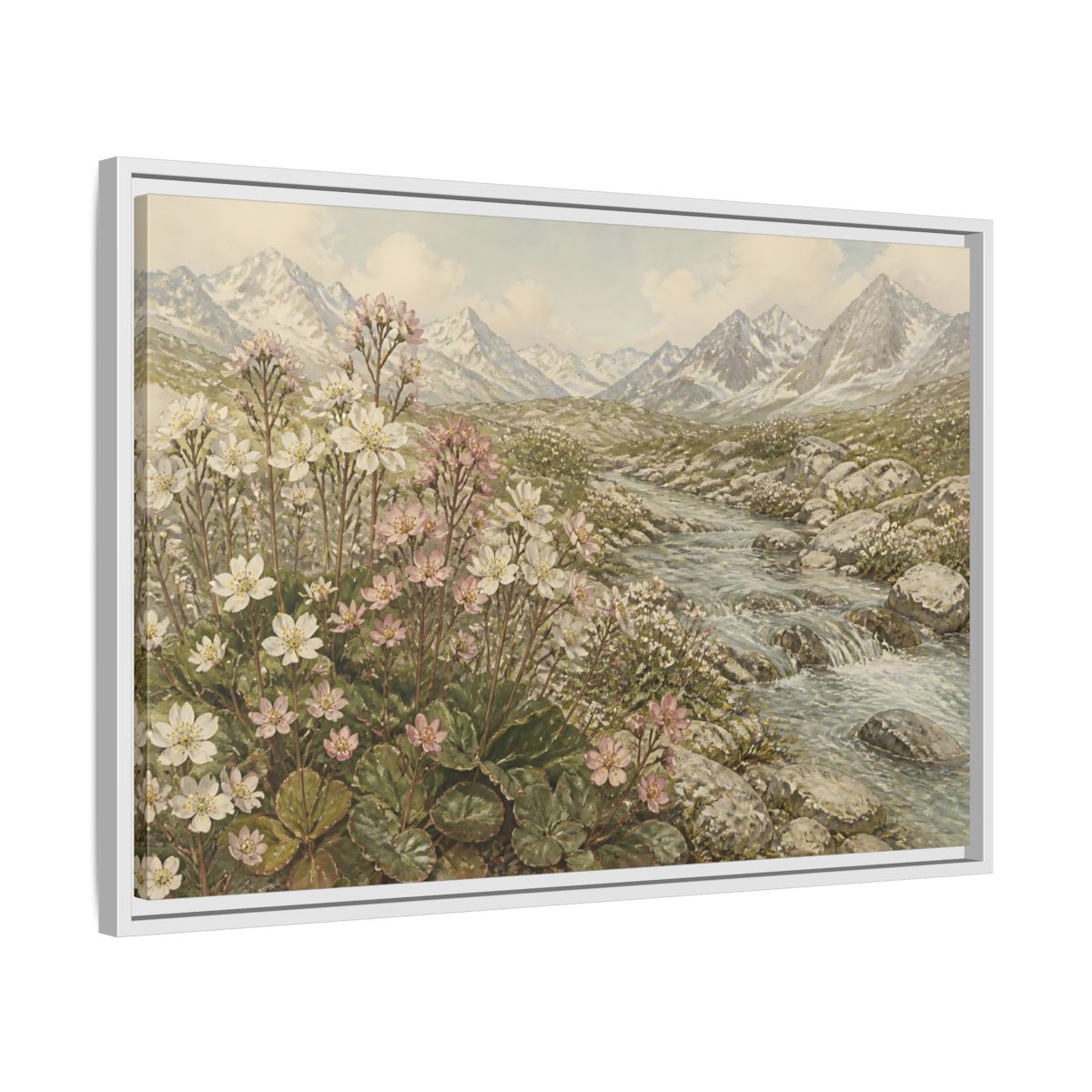 Side Mockup 10. Alpine Meadow Stream shown as framed canvas print