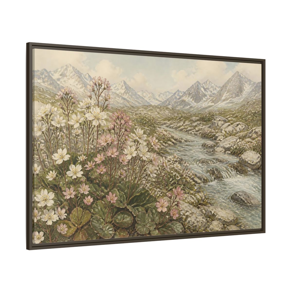 Side Mockup 8. Alpine Meadow Stream shown as framed canvas print