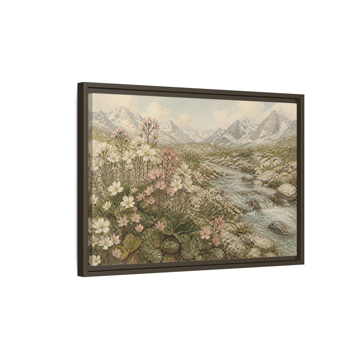 Side Mockup 2. Alpine Meadow Stream shown as framed canvas print