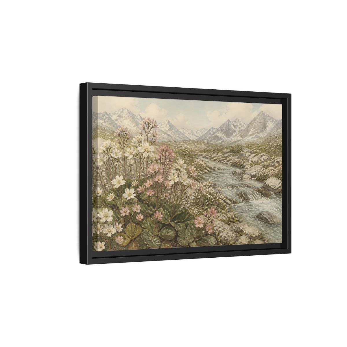 Side Mockup 6. Alpine Meadow Stream shown as framed canvas print