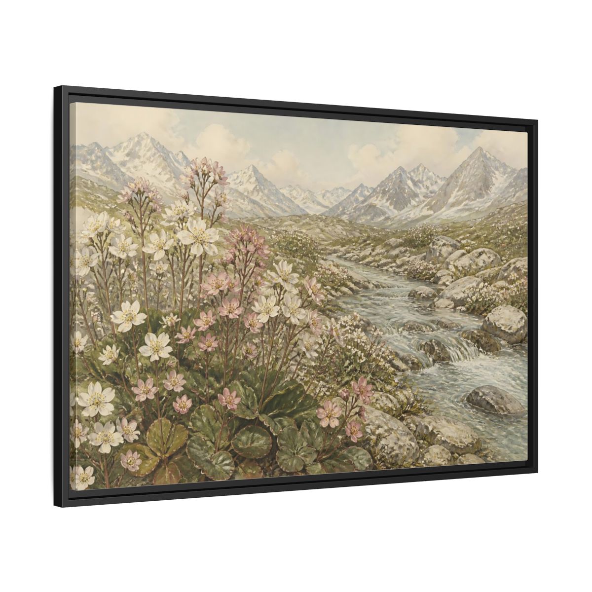 Side Mockup 13. Alpine Meadow Stream shown as framed canvas print