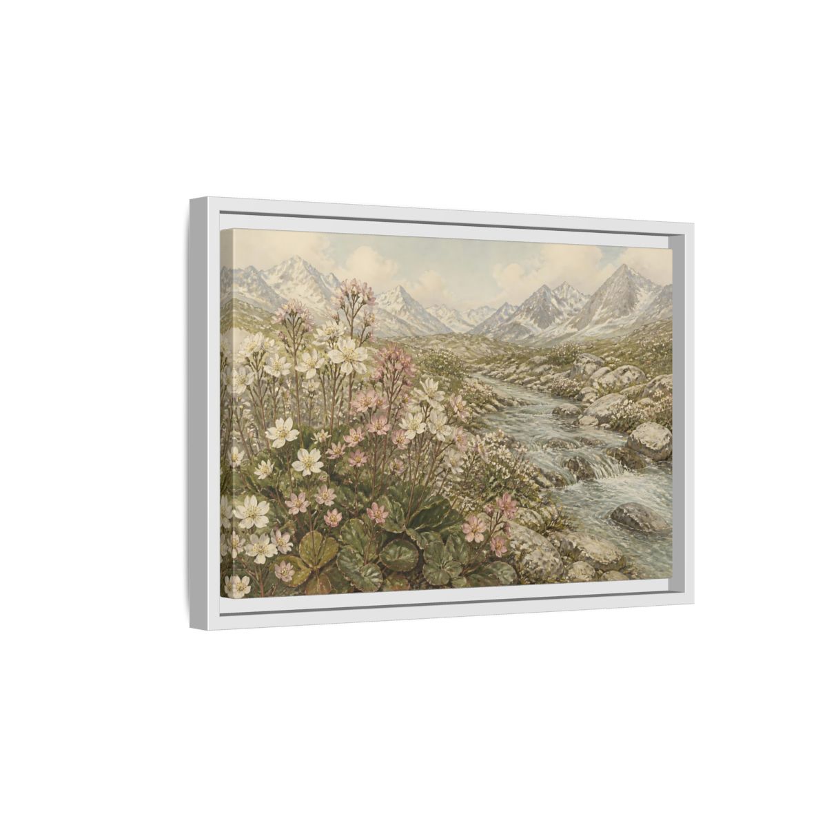 Side Mockup 4. Alpine Meadow Stream shown as framed canvas print