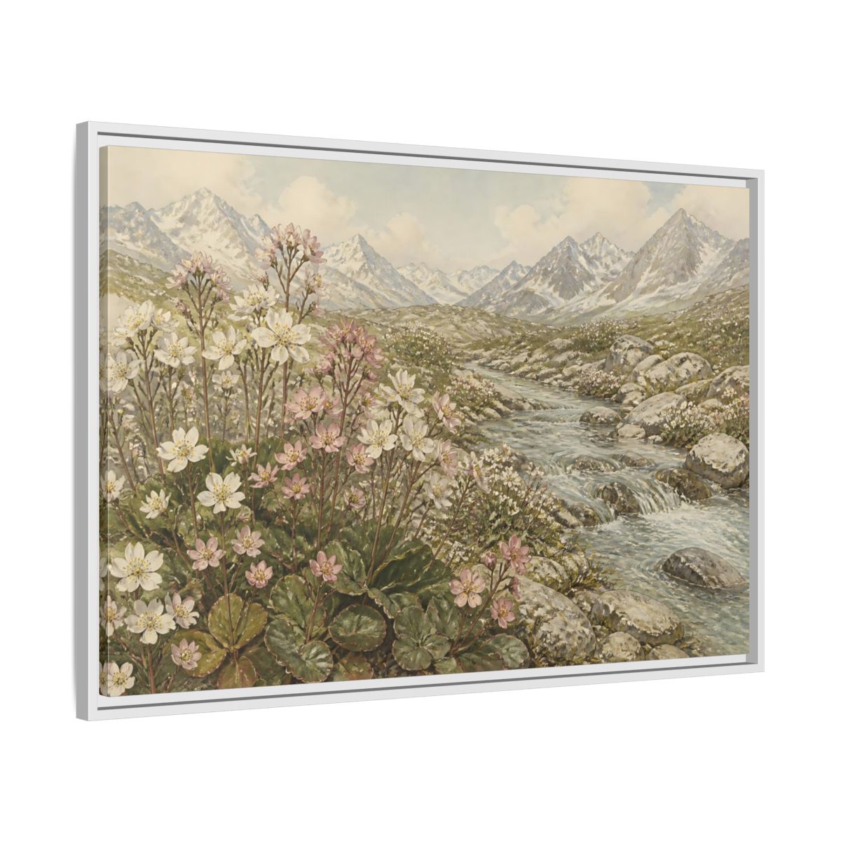 Side Mockup 9. Alpine Meadow Stream shown as framed canvas print