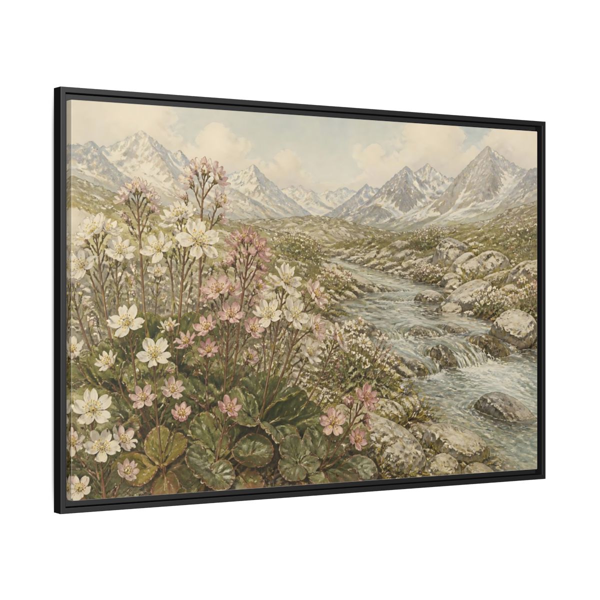 Side Mockup 12. Alpine Meadow Stream shown as framed canvas print