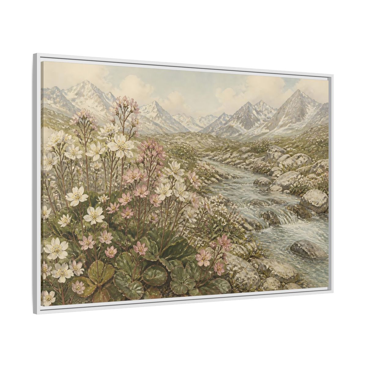 Side Mockup 7. Alpine Meadow Stream shown as framed canvas print