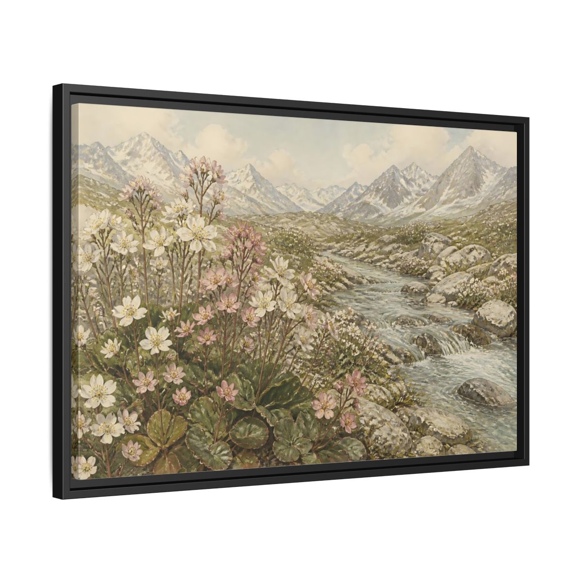 Side Mockup 14. Alpine Meadow Stream shown as framed canvas print