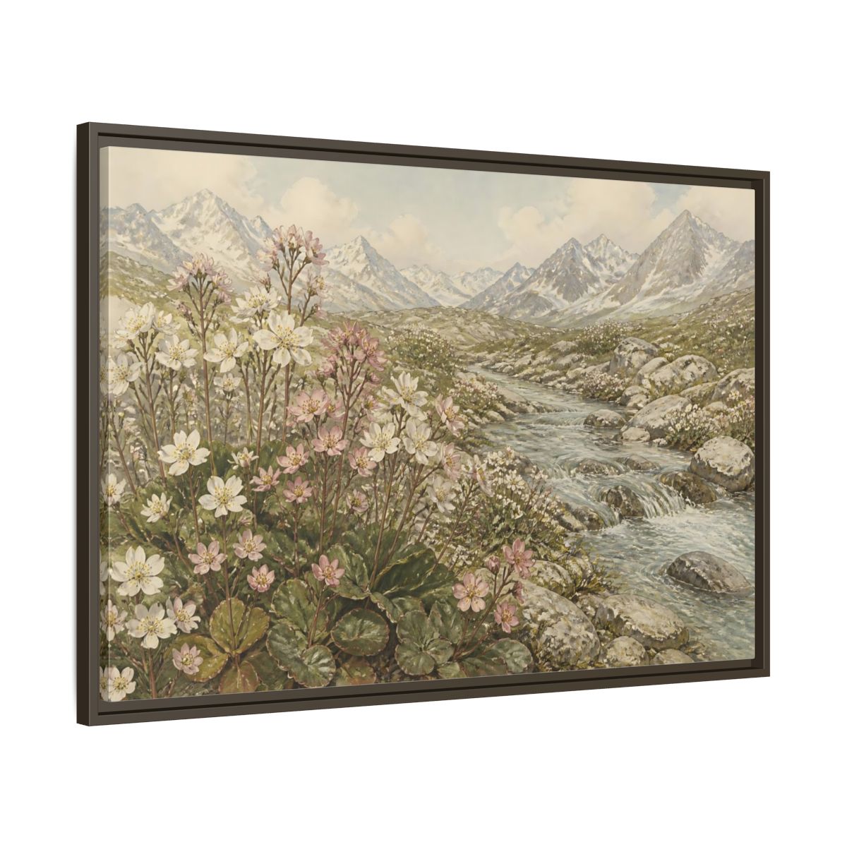 Main Mockup. Alpine Meadow Stream shown as framed canvas print