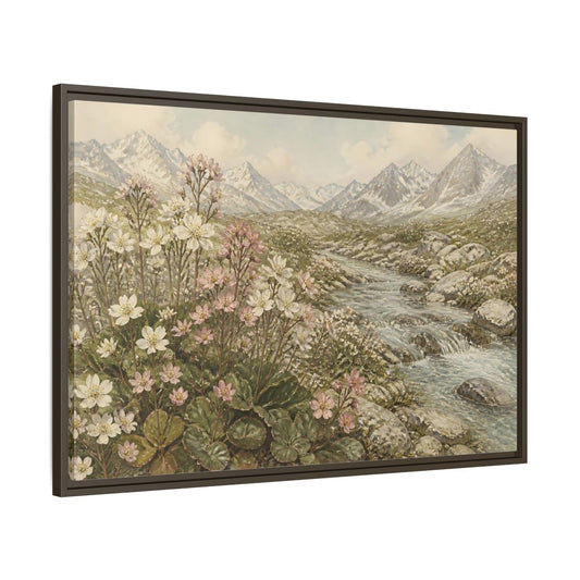 Main Mockup. Alpine Meadow Stream shown as framed canvas print