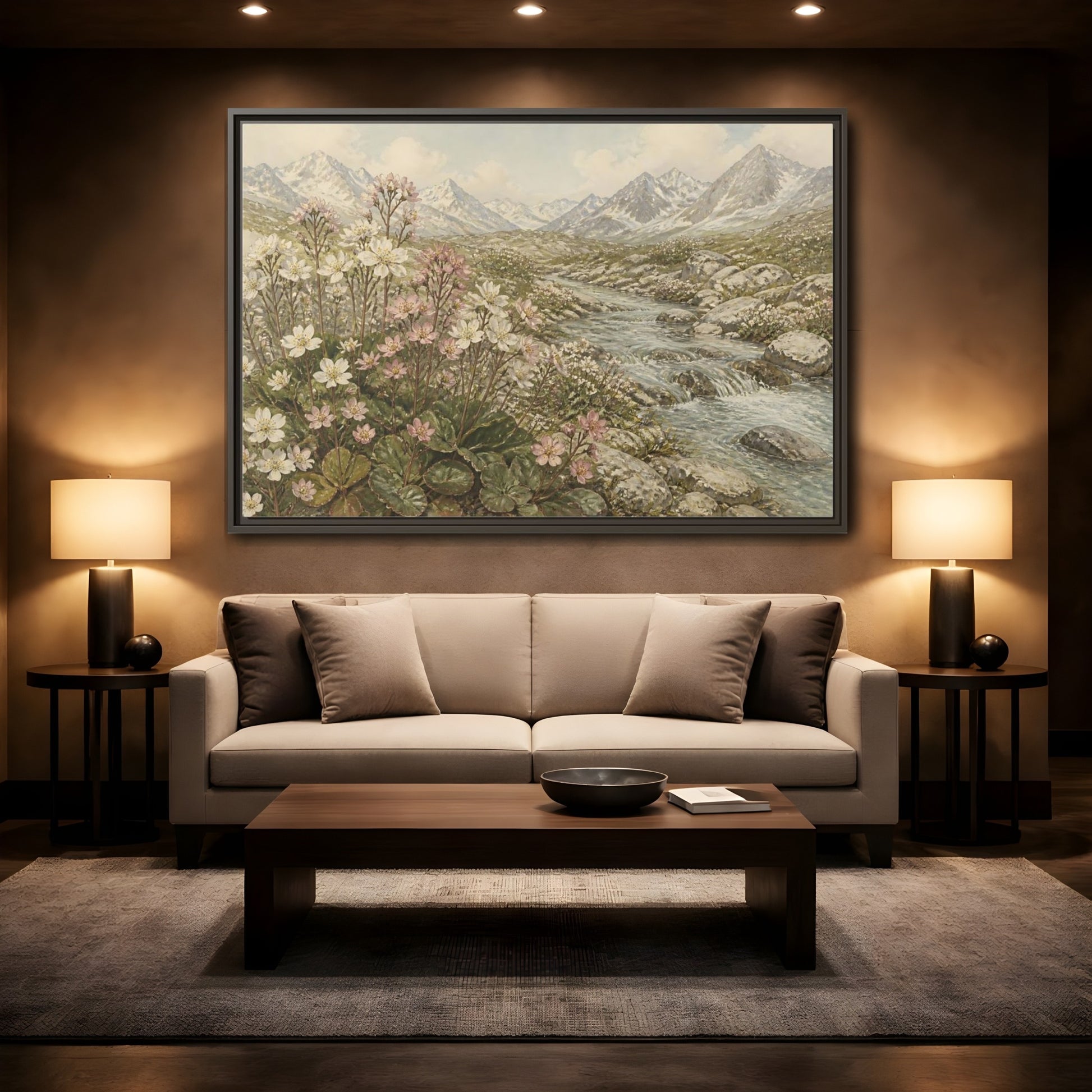 Mockup 2. Alpine Meadow Stream shown as framed canvas print
