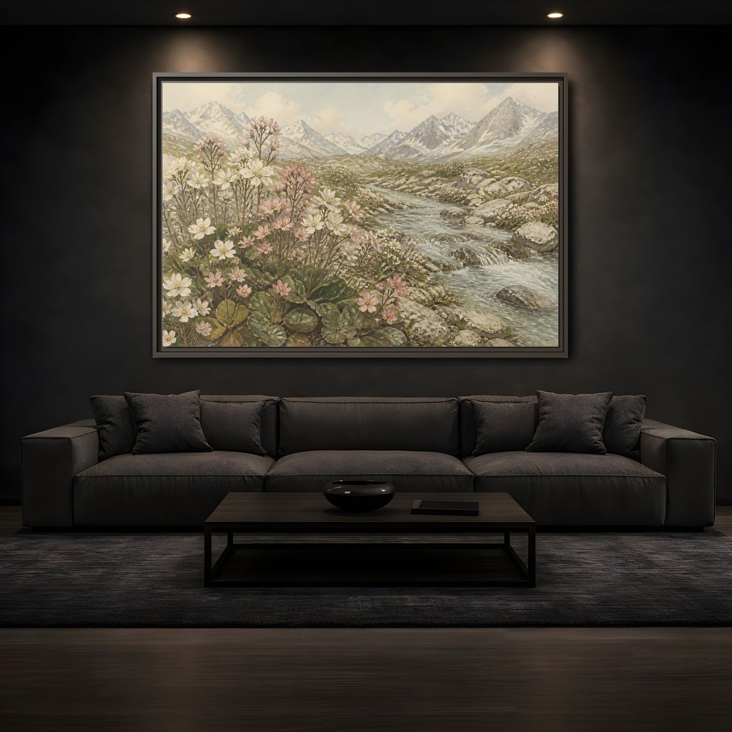 Mockup 3. Alpine Meadow Stream shown as framed canvas print