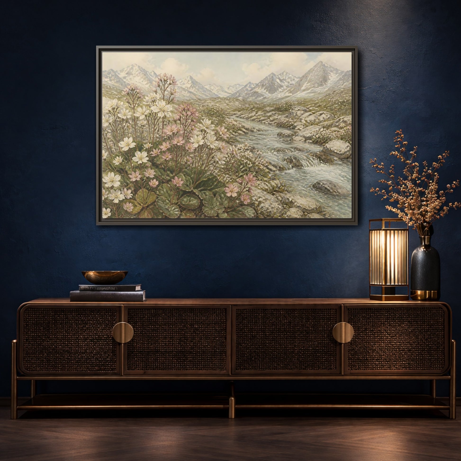 Mockup 4. Alpine Meadow Stream shown as framed canvas print