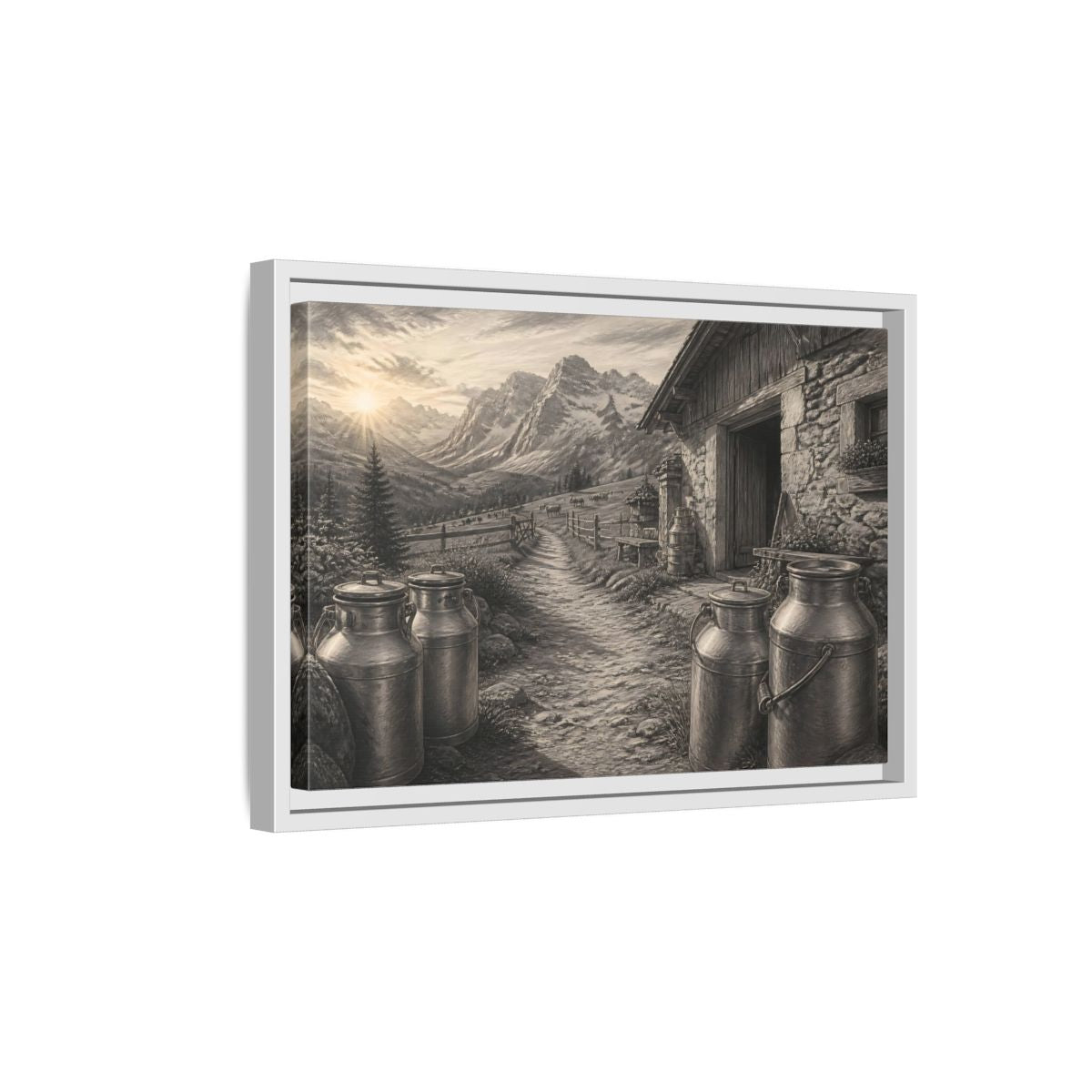 Side Mockup 4. Alpine Milk Cans At Dawn shown as framed canvas print