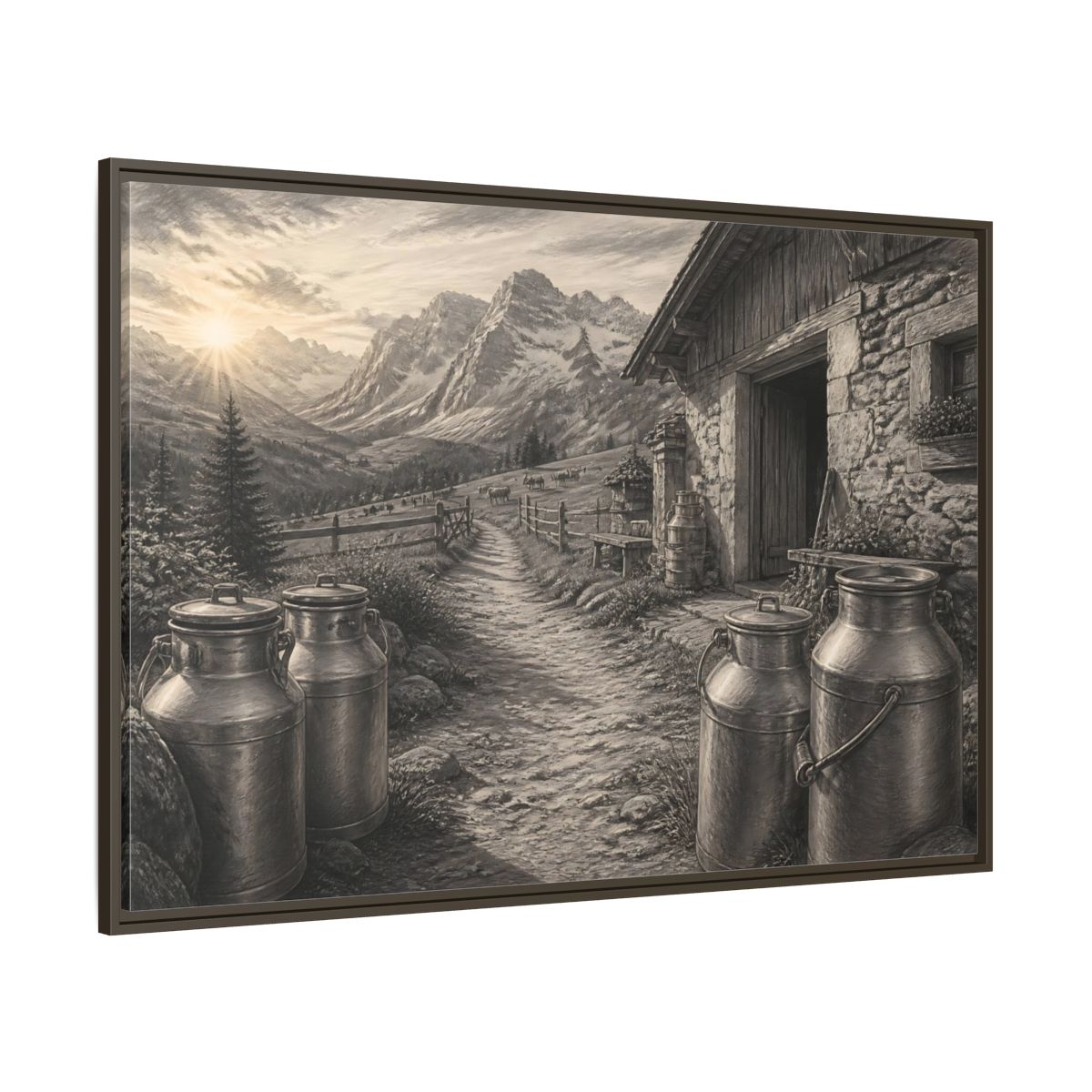 Side Mockup 8. Alpine Milk Cans At Dawn shown as framed canvas print