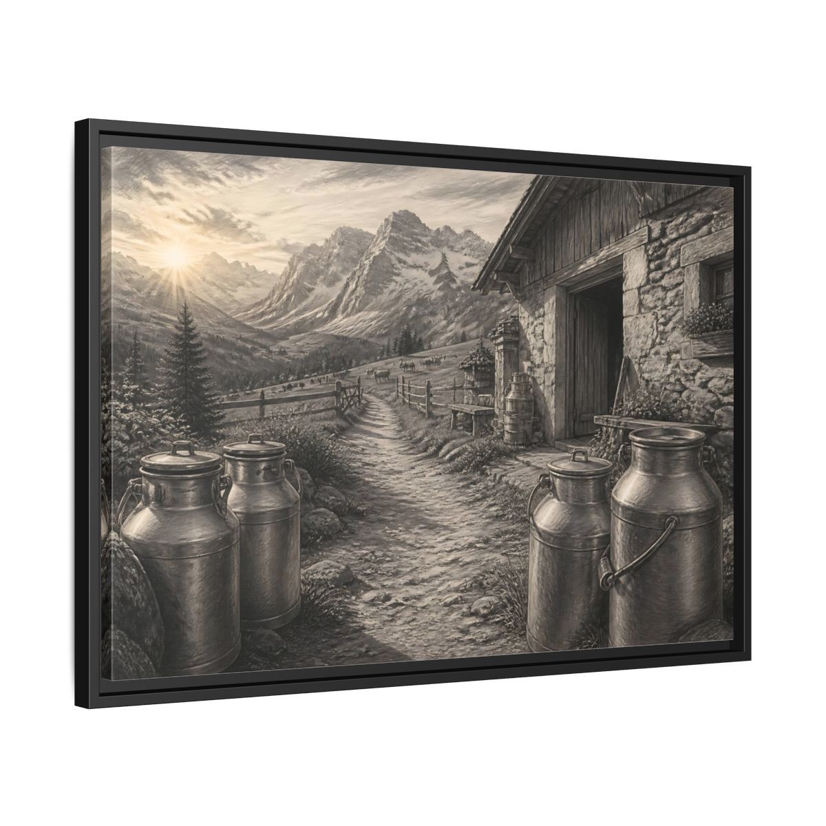 Side Mockup 14. Alpine Milk Cans At Dawn shown as framed canvas print