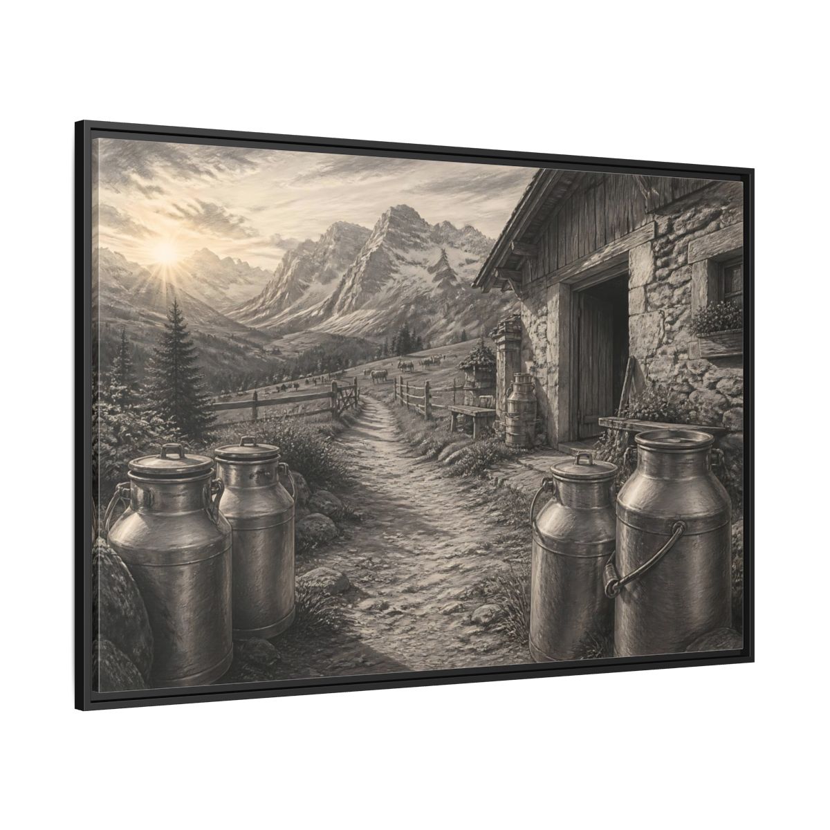 Side Mockup 12. Alpine Milk Cans At Dawn shown as framed canvas print