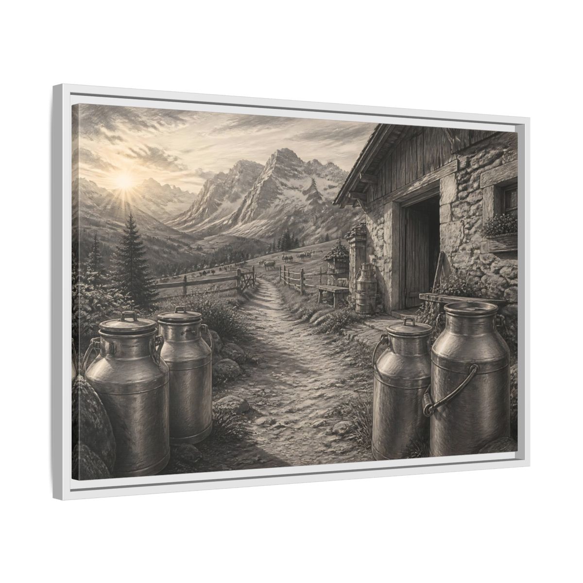 Side Mockup 10. Alpine Milk Cans At Dawn shown as framed canvas print