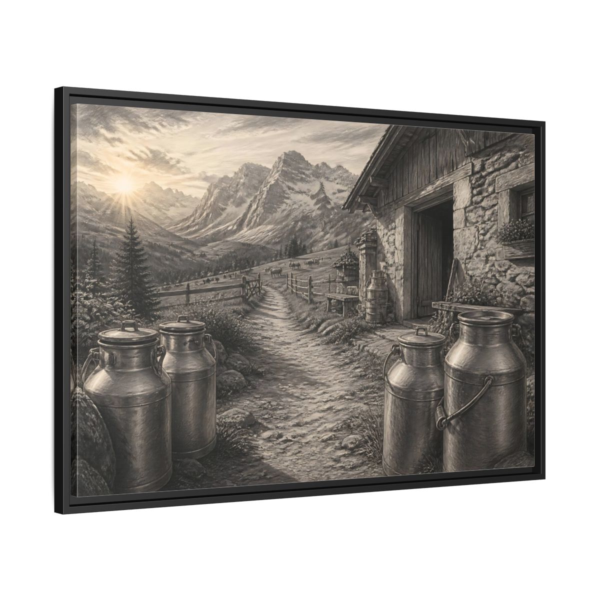 Side Mockup 13. Alpine Milk Cans At Dawn shown as framed canvas print